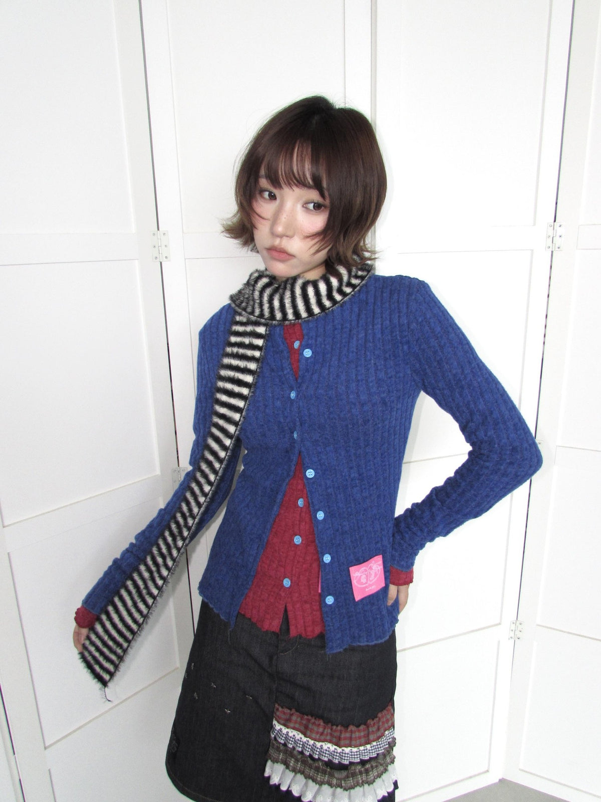 OurHappy Candy Color Ribbed Knit Ruffle Button Down Women&