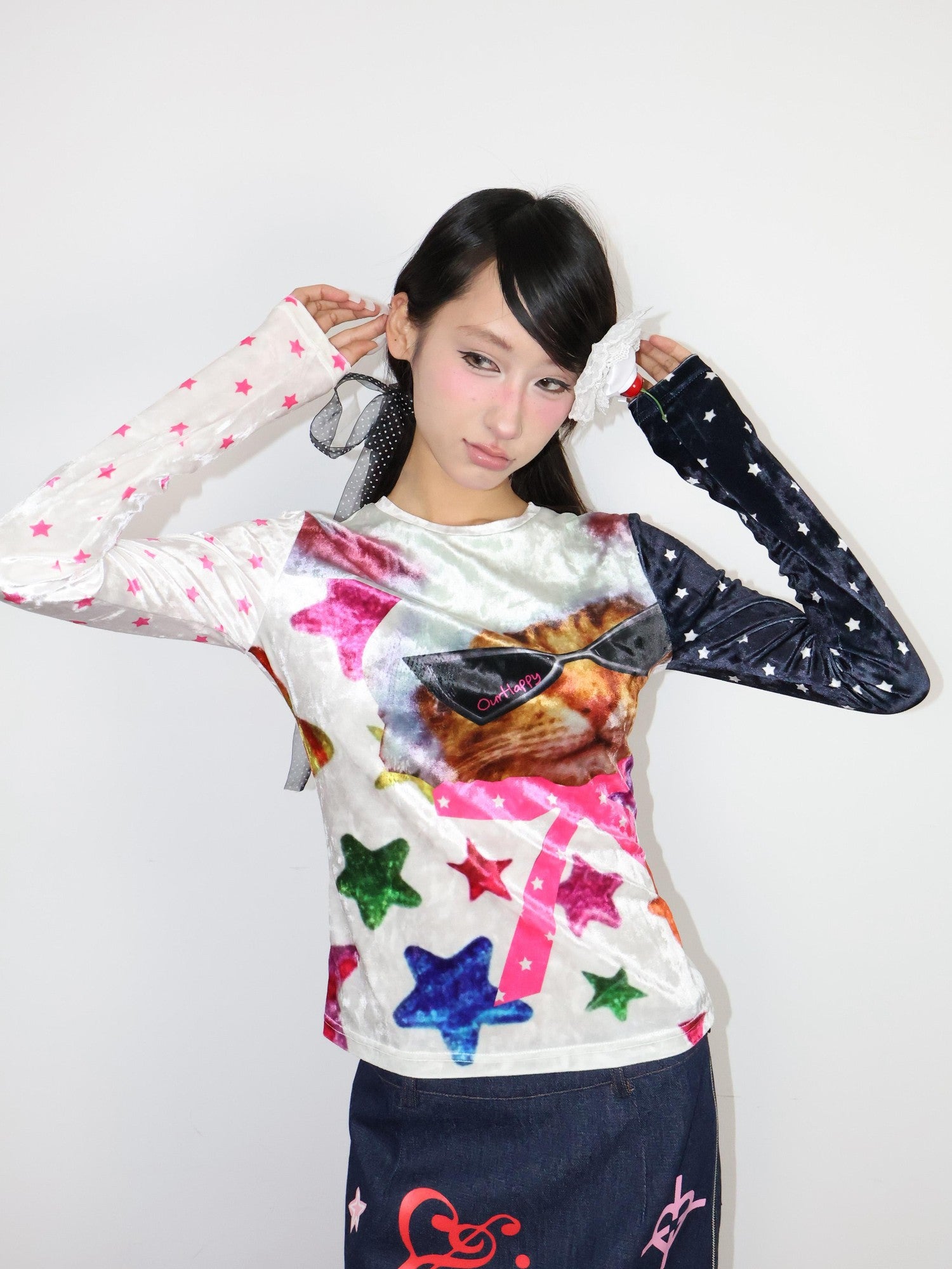 OurHappy Cat Print Patchwork Waisted Women&