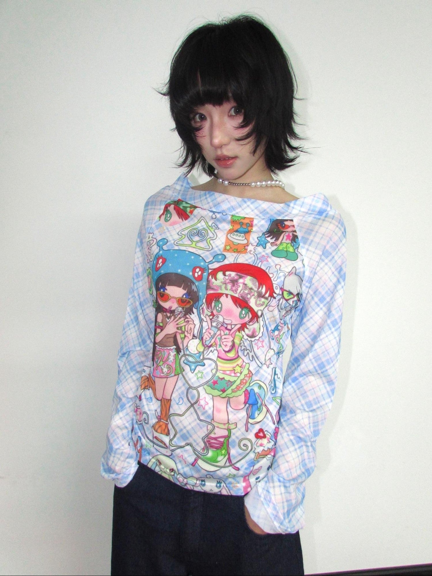 OurHappy Checked Cartoon Print Women&