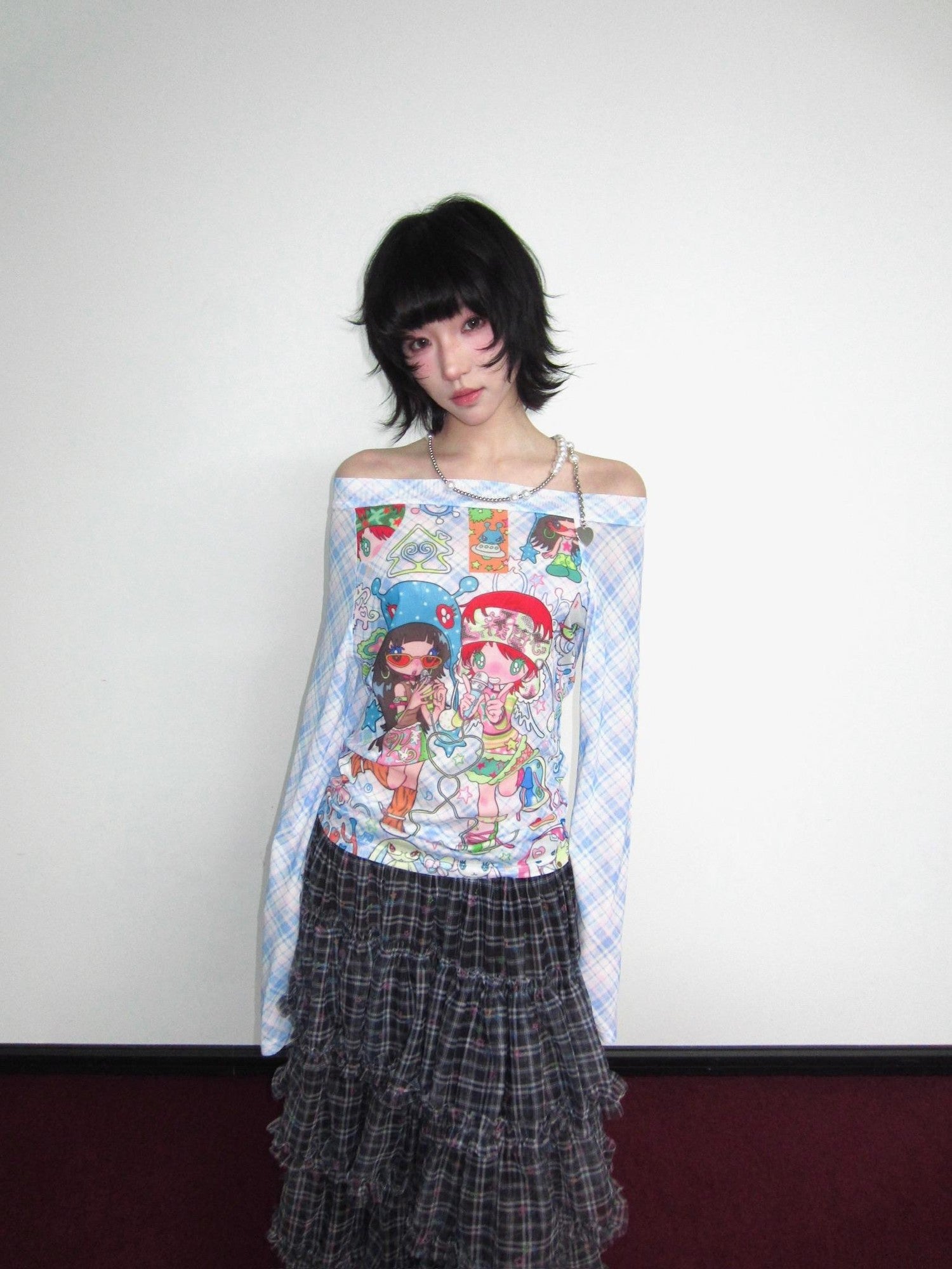 OurHappy Checked Cartoon Print Women&
