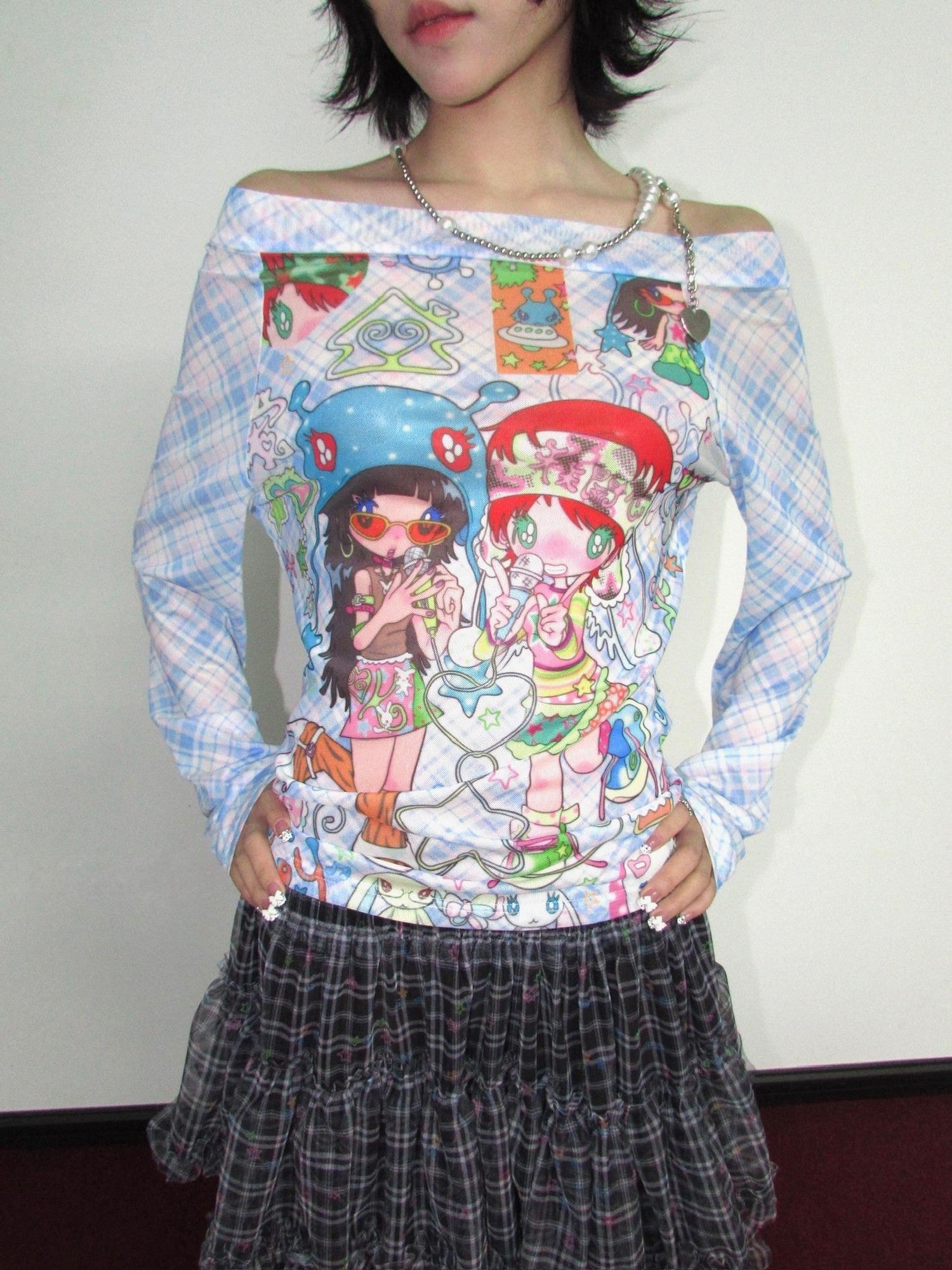 OurHappy Checked Cartoon Print Women&