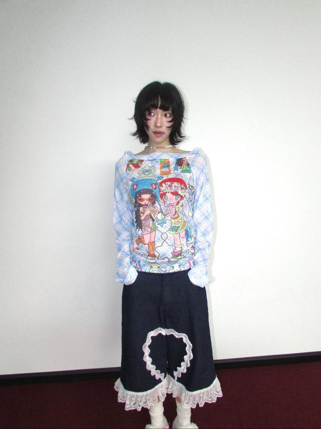 OurHappy Checked Cartoon Print Women&
