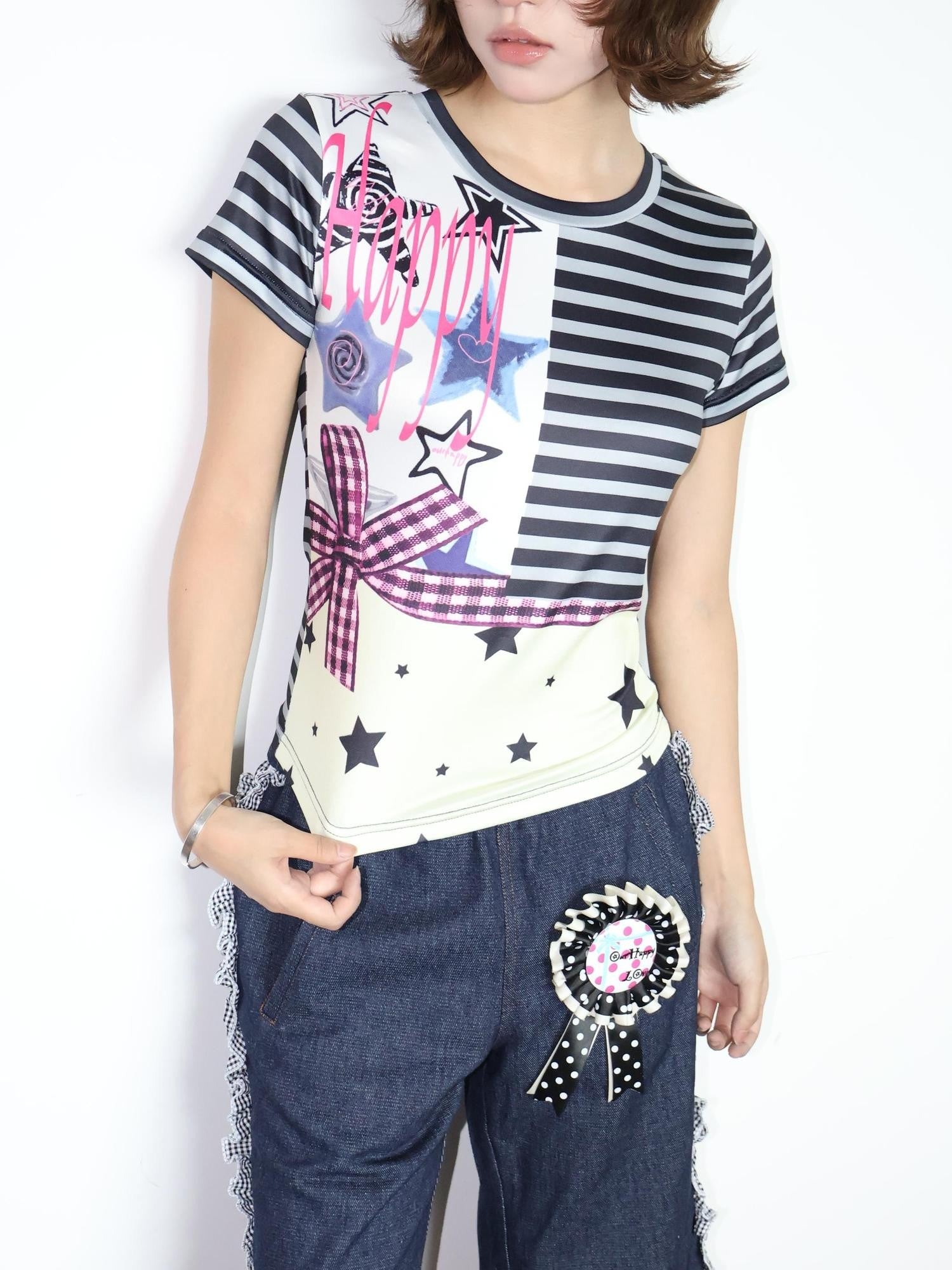 OurHappy Girlish Striped Bow Print Women&
