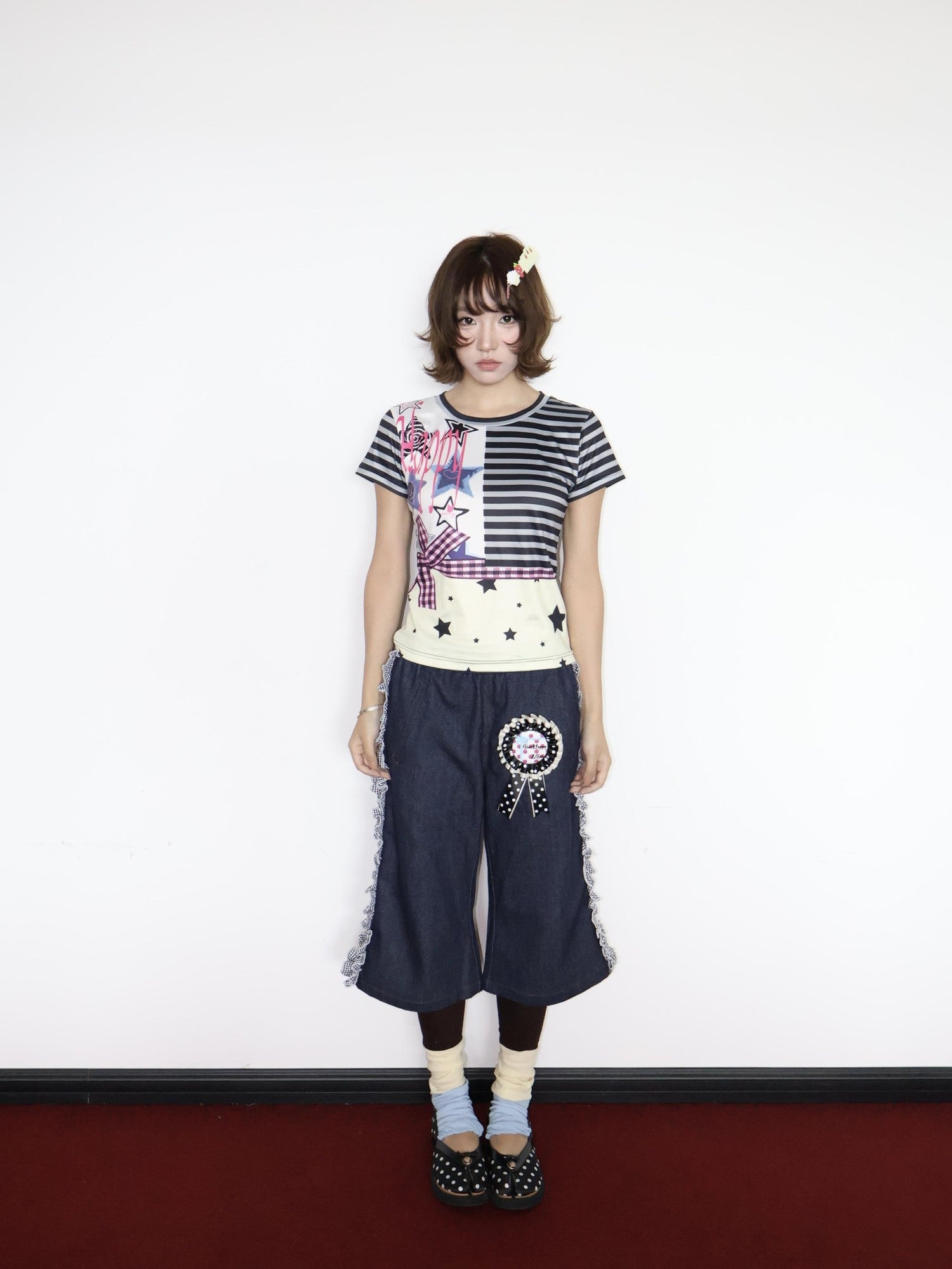 OurHappy Girlish Striped Bow Print Women&