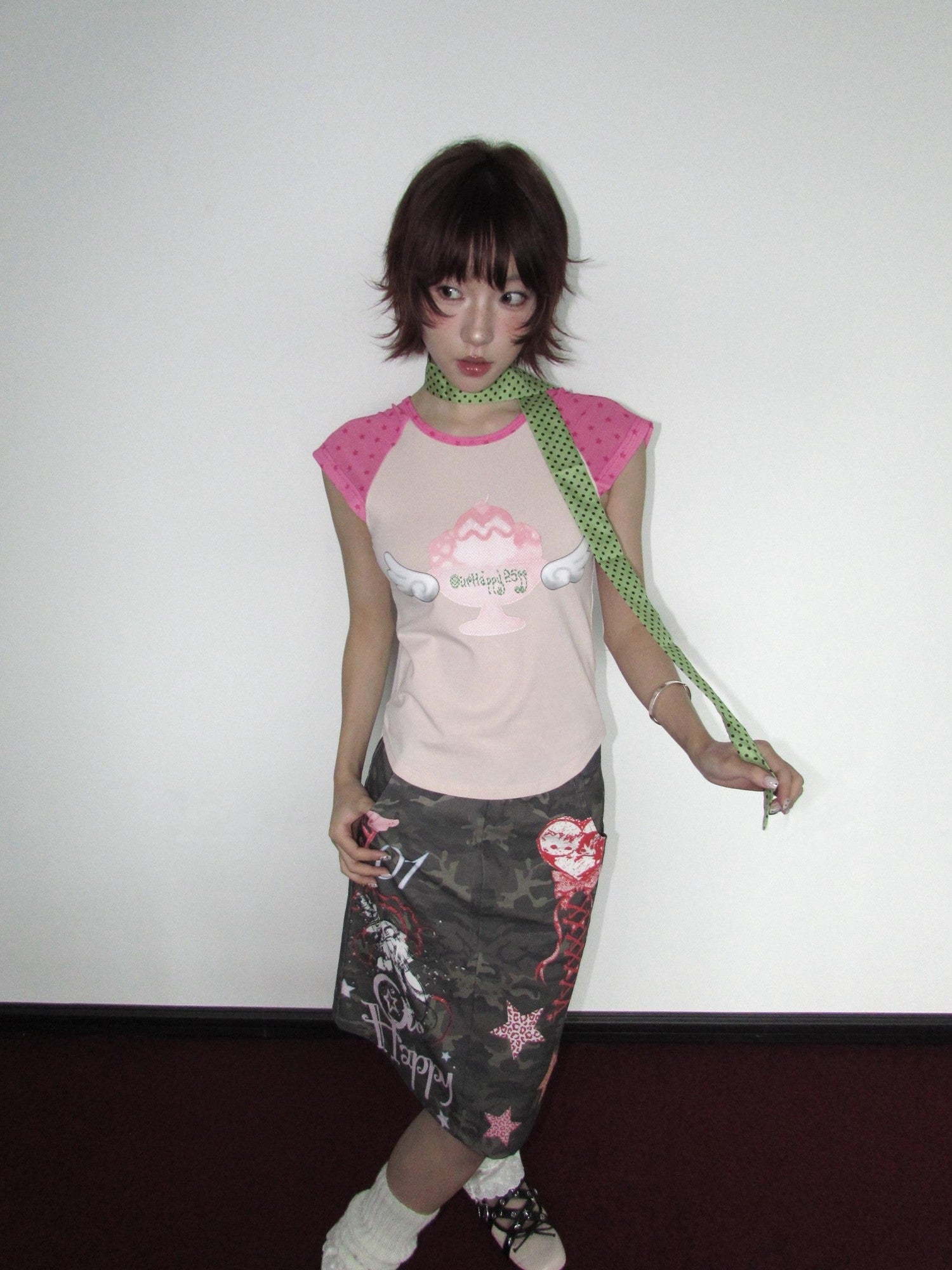 OurHappy Graffiti Print Camo High Waist A Line Back Slit Women&