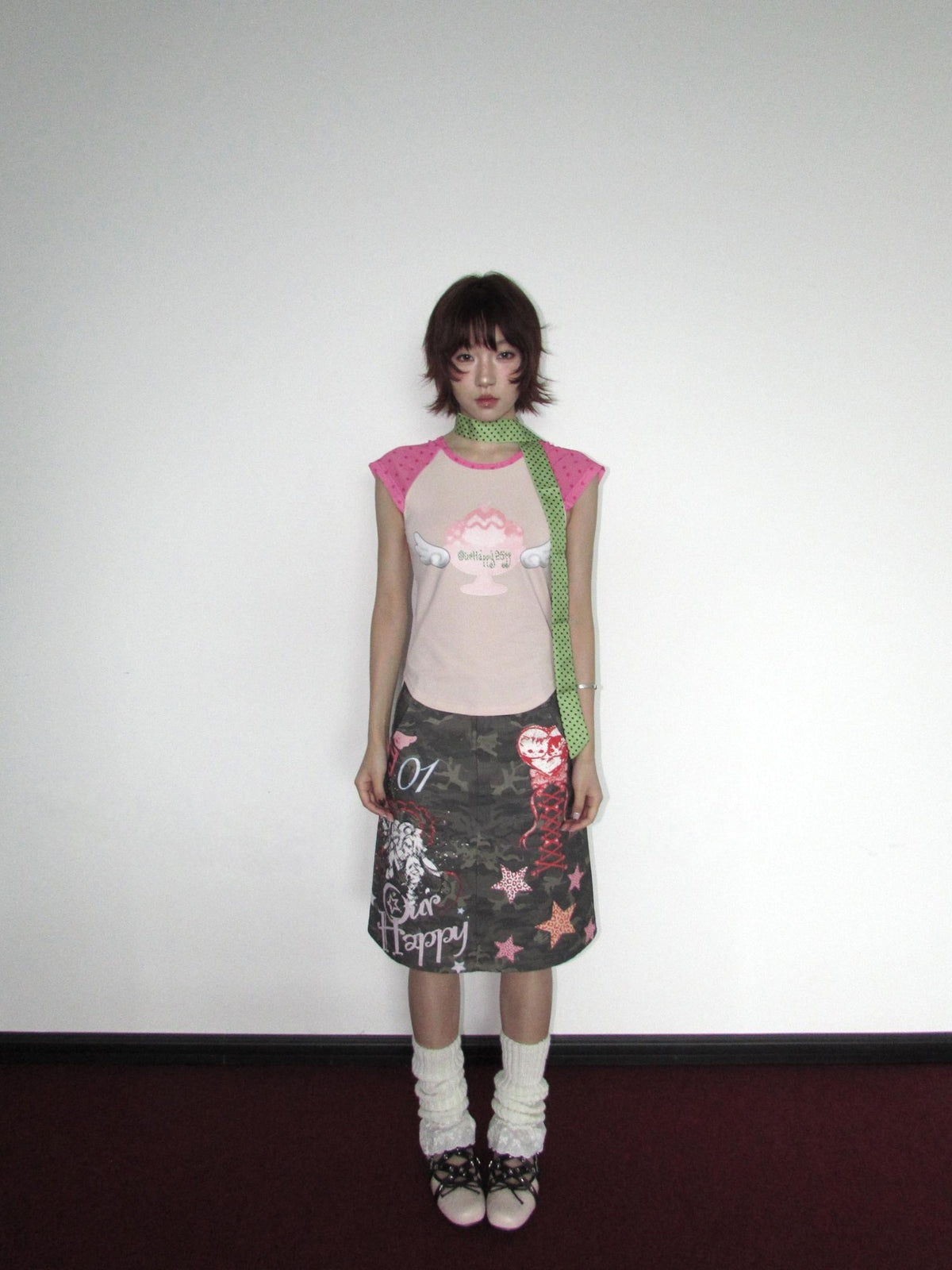 OurHappy Graffiti Print Camo High Waist A Line Back Slit Women&