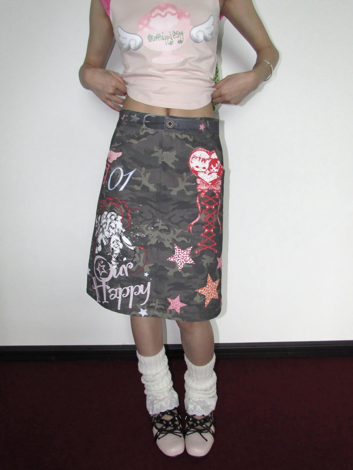 OurHappy Graffiti Print Camo High Waist A Line Back Slit Women&