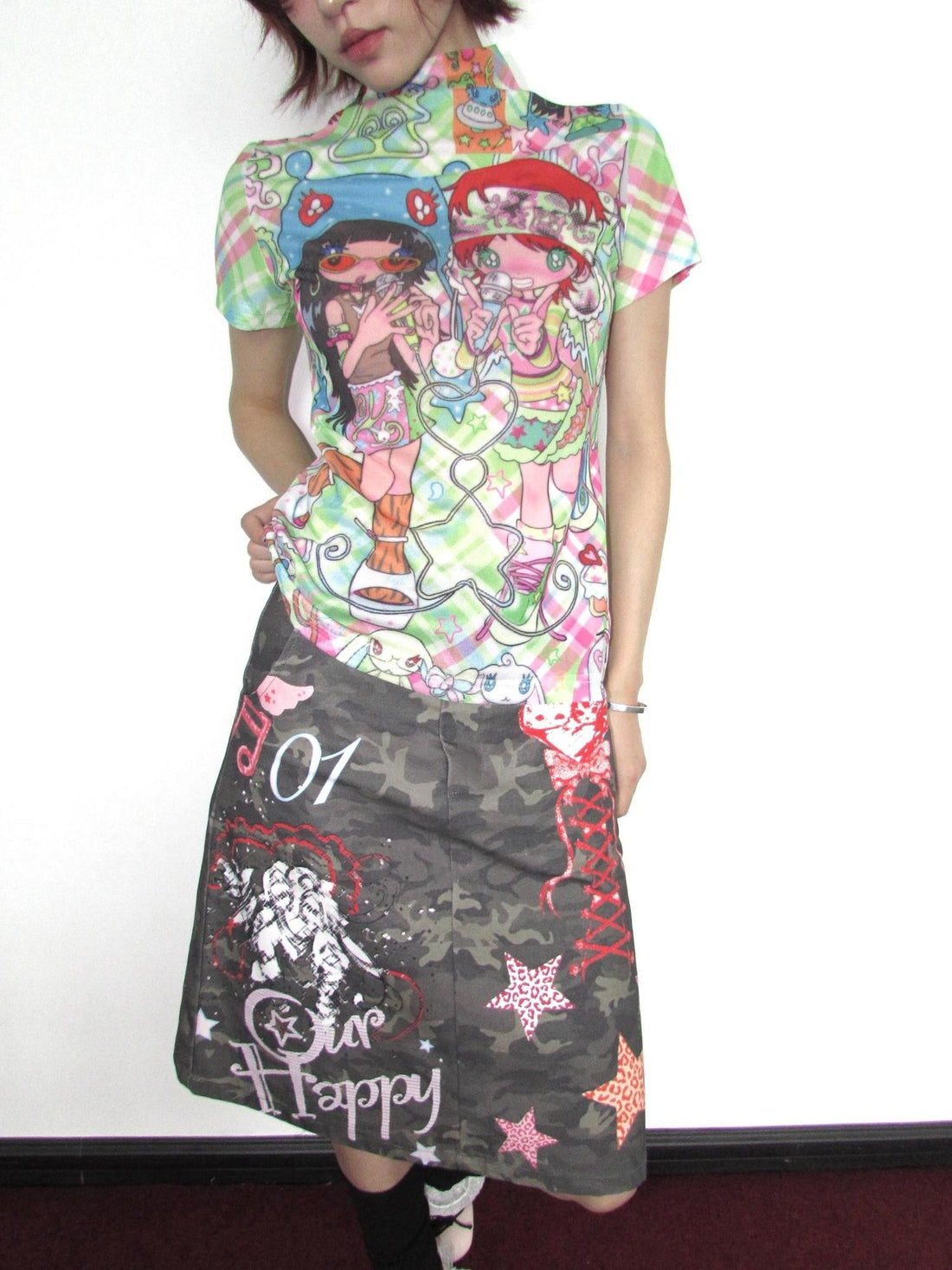 OurHappy Graffiti Print Camo High Waist A Line Back Slit Women&