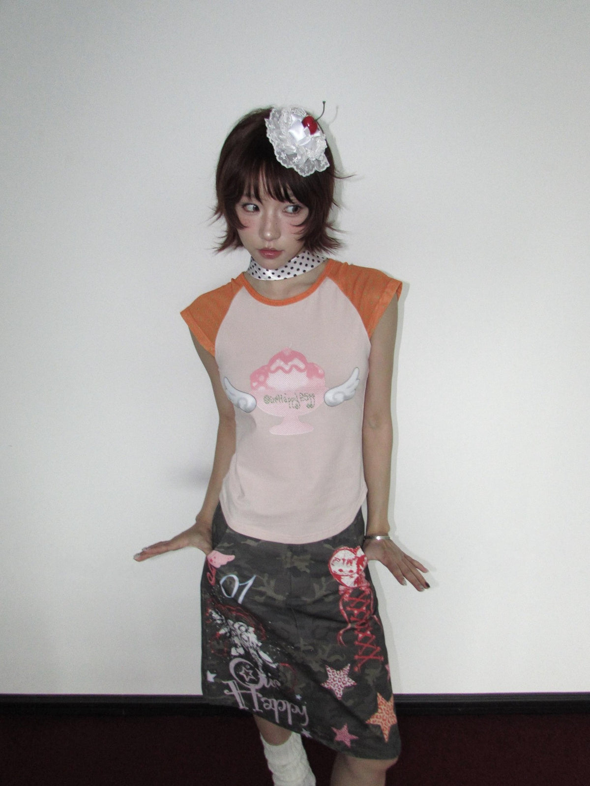 OurHappy Graffiti Print Camo High Waist A Line Back Slit Women&