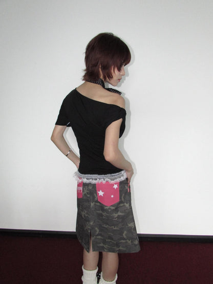 OurHappy Graffiti Print Camo High Waist A Line Back Slit Women&