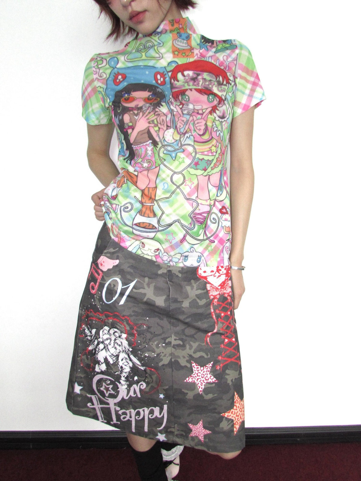 OurHappy Graffiti Print Camo High Waist A Line Back Slit Women&