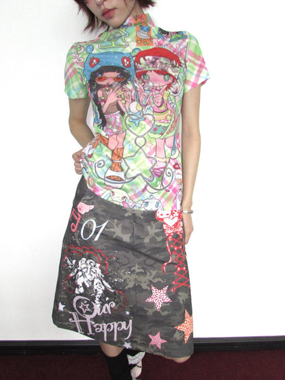 OurHappy Graffiti Print Camo High Waist A Line Back Slit Women&