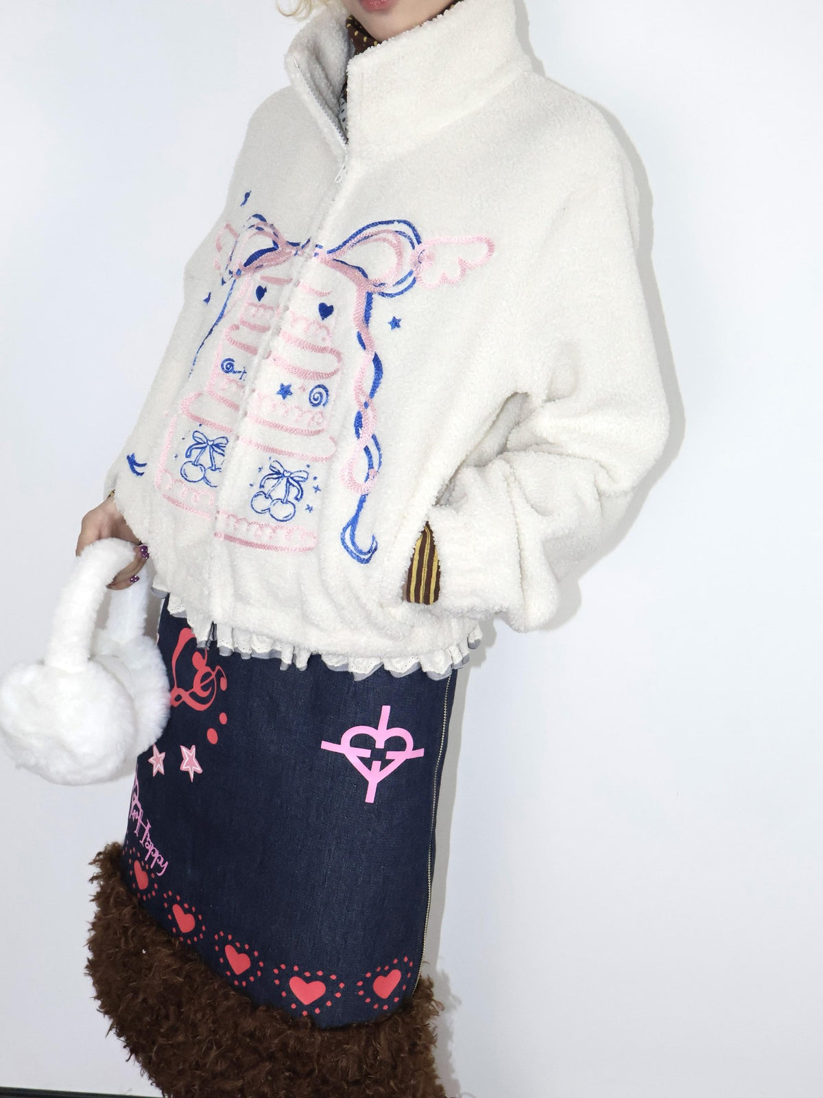 OurHappy Heart Print Denim Fur Patch Women&