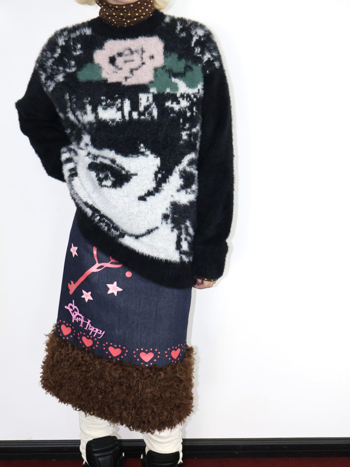 OurHappy Heart Print Denim Fur Patch Women&