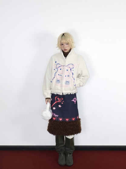 OurHappy Heart Print Denim Fur Patch Women&