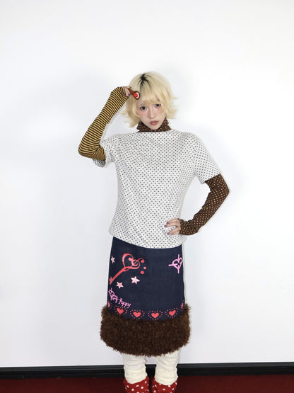 OurHappy Heart Print Denim Fur Patch Women&