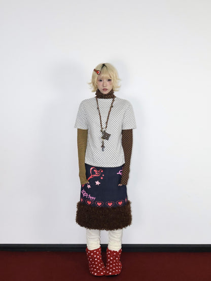OurHappy Heart Print Denim Fur Patch Women&