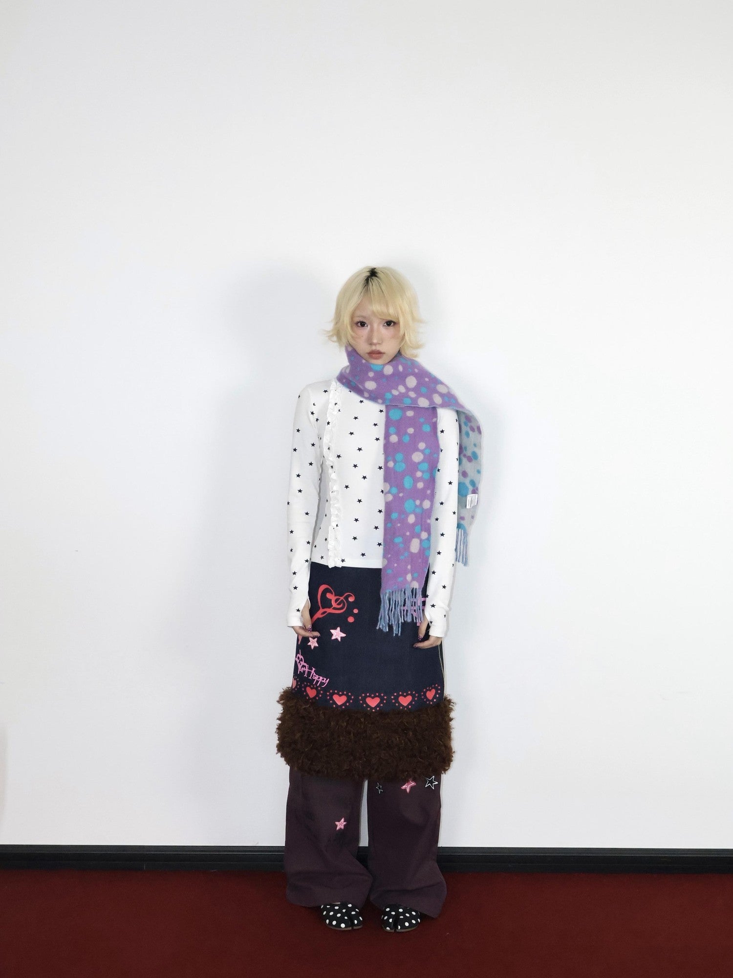 OurHappy Heart Print Denim Fur Patch Women&
