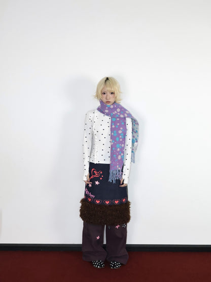 OurHappy Heart Print Denim Fur Patch Women&