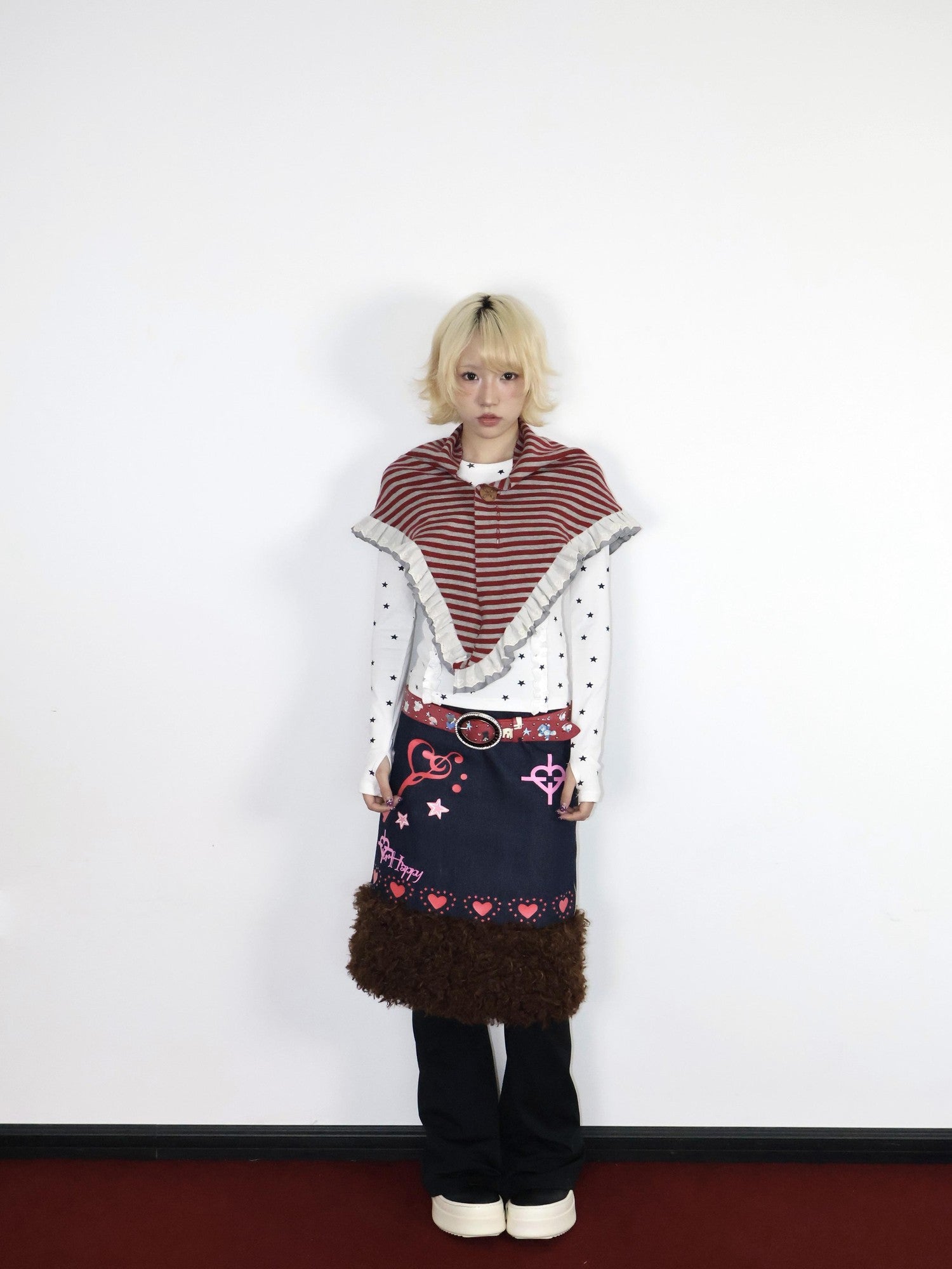 OurHappy Heart Print Denim Fur Patch Women&