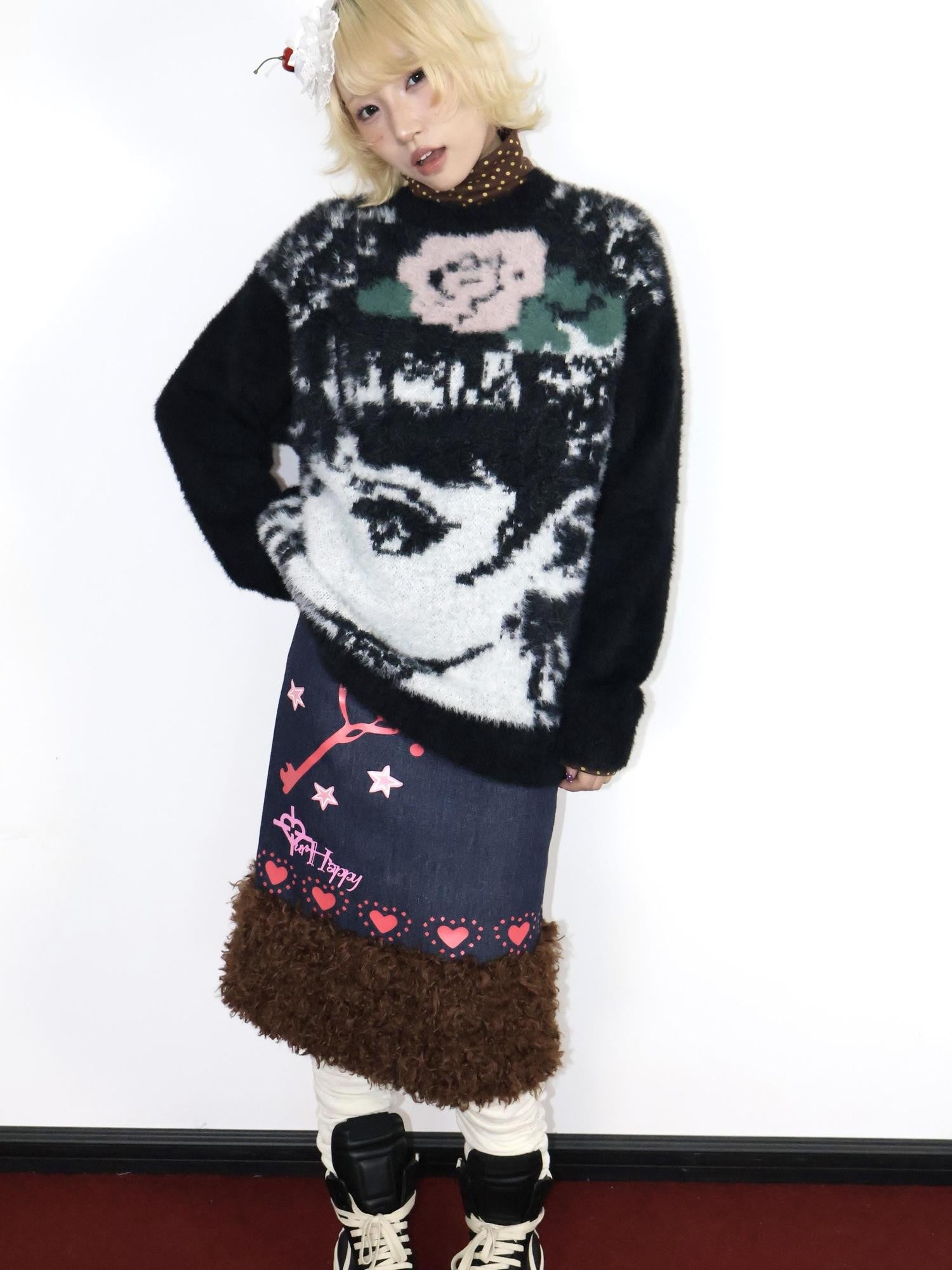 OurHappy Heart Print Denim Fur Patch Women&