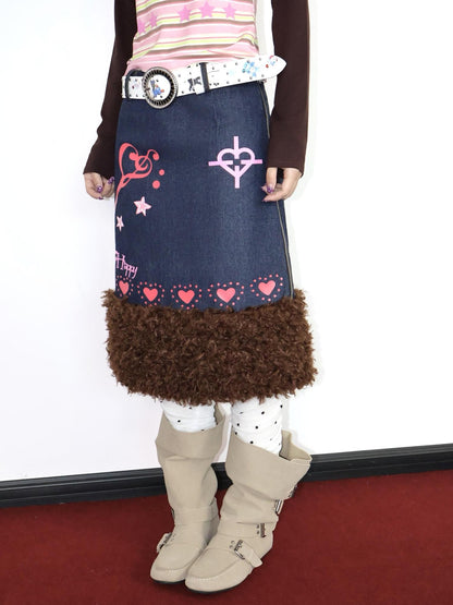 OurHappy Heart Print Denim Fur Patch Women&