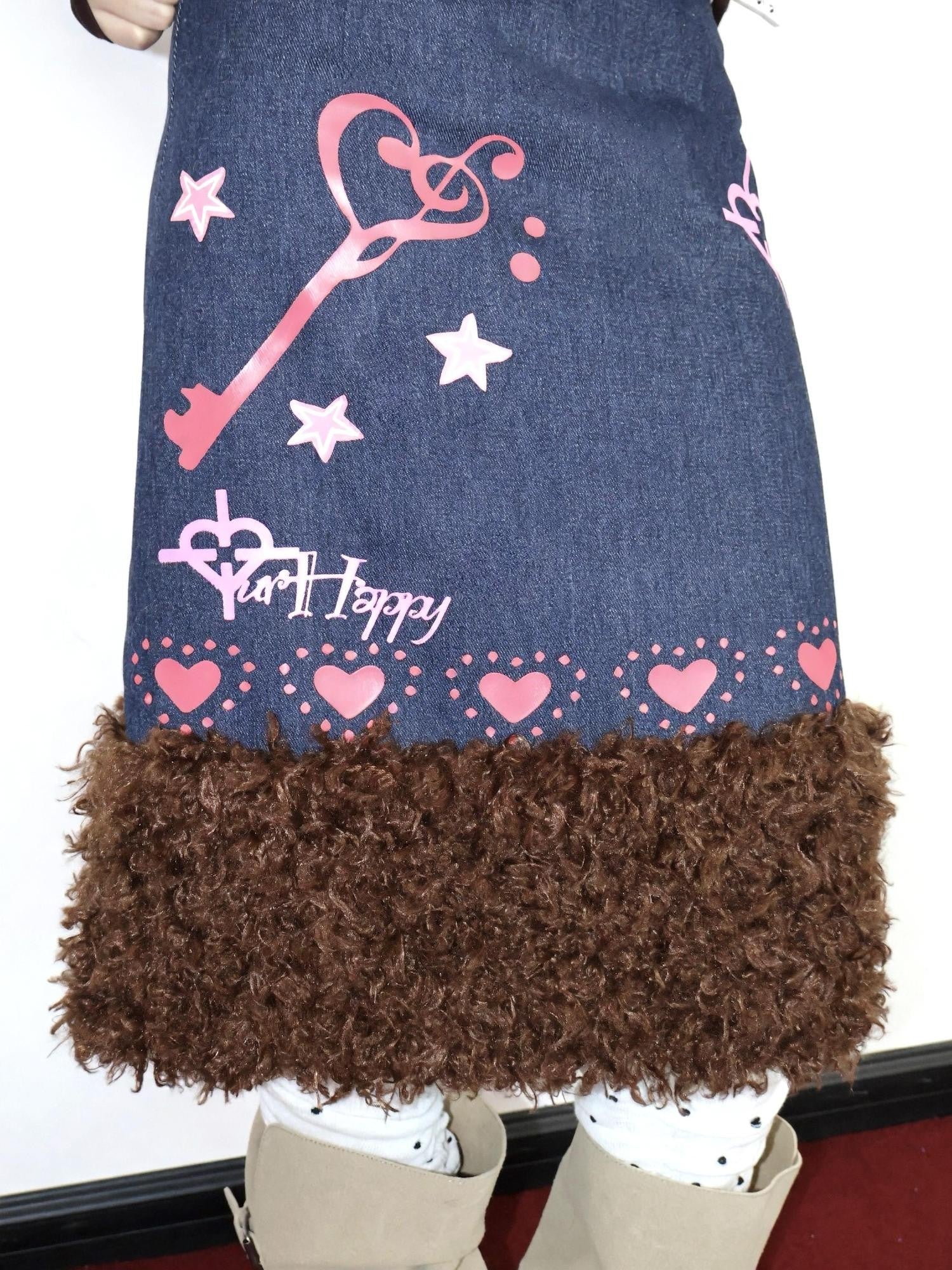 OurHappy Heart Print Denim Fur Patch Women&