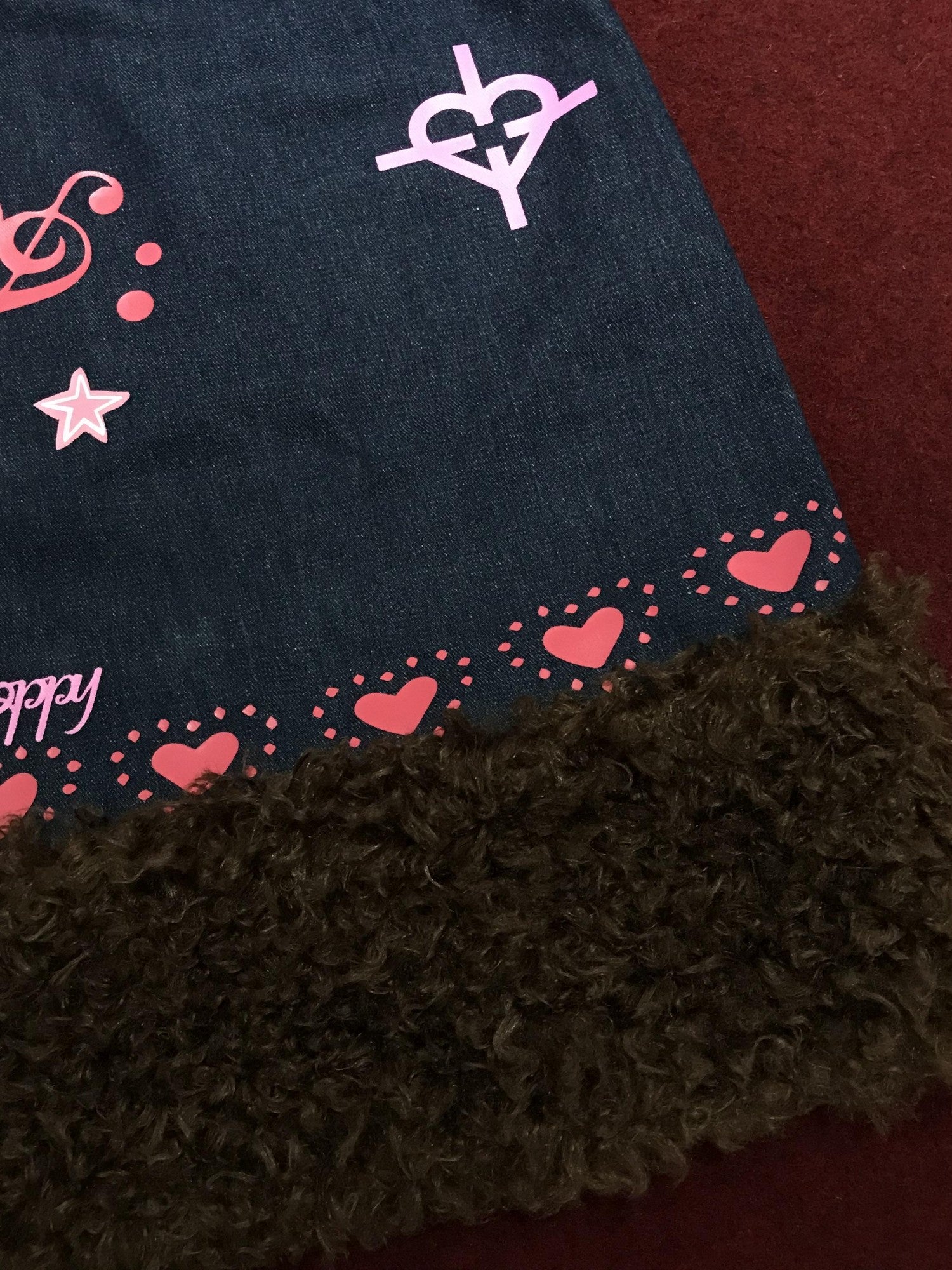 OurHappy Heart Print Denim Fur Patch Women&