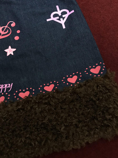 OurHappy Heart Print Denim Fur Patch Women&