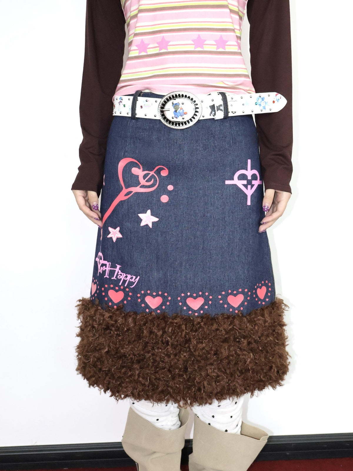 OurHappy Heart Print Denim Fur Patch Women&