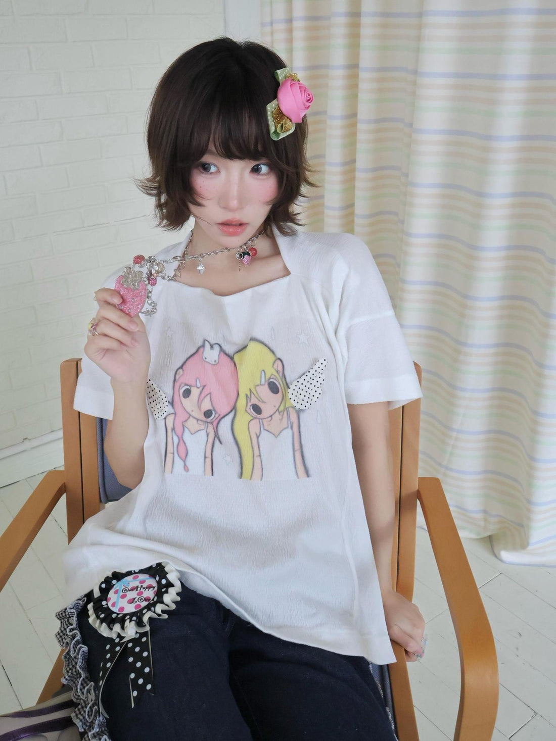 OurHappy Illustrated Square Neck Batwing Women&