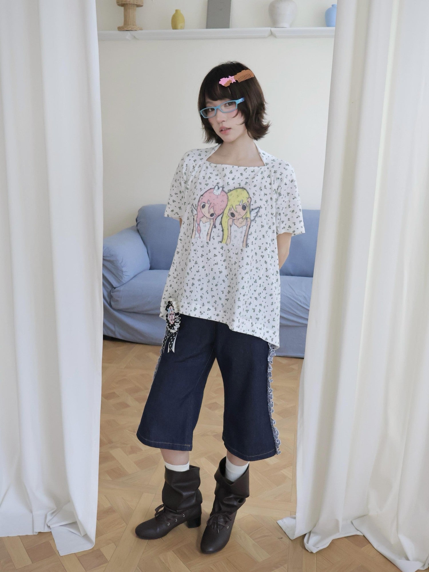 OurHappy Illustrated Square Neck Batwing Women&