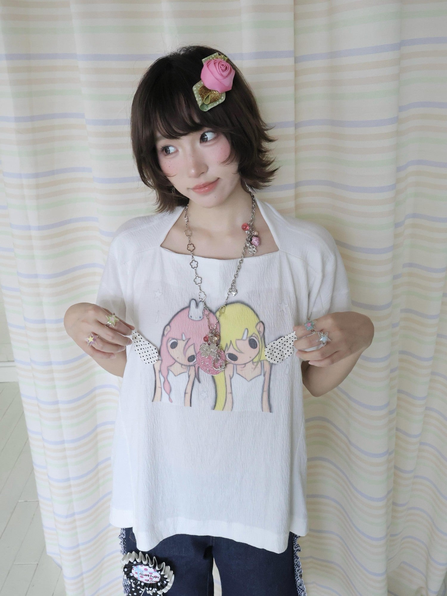 OurHappy Illustrated Square Neck Batwing Women&