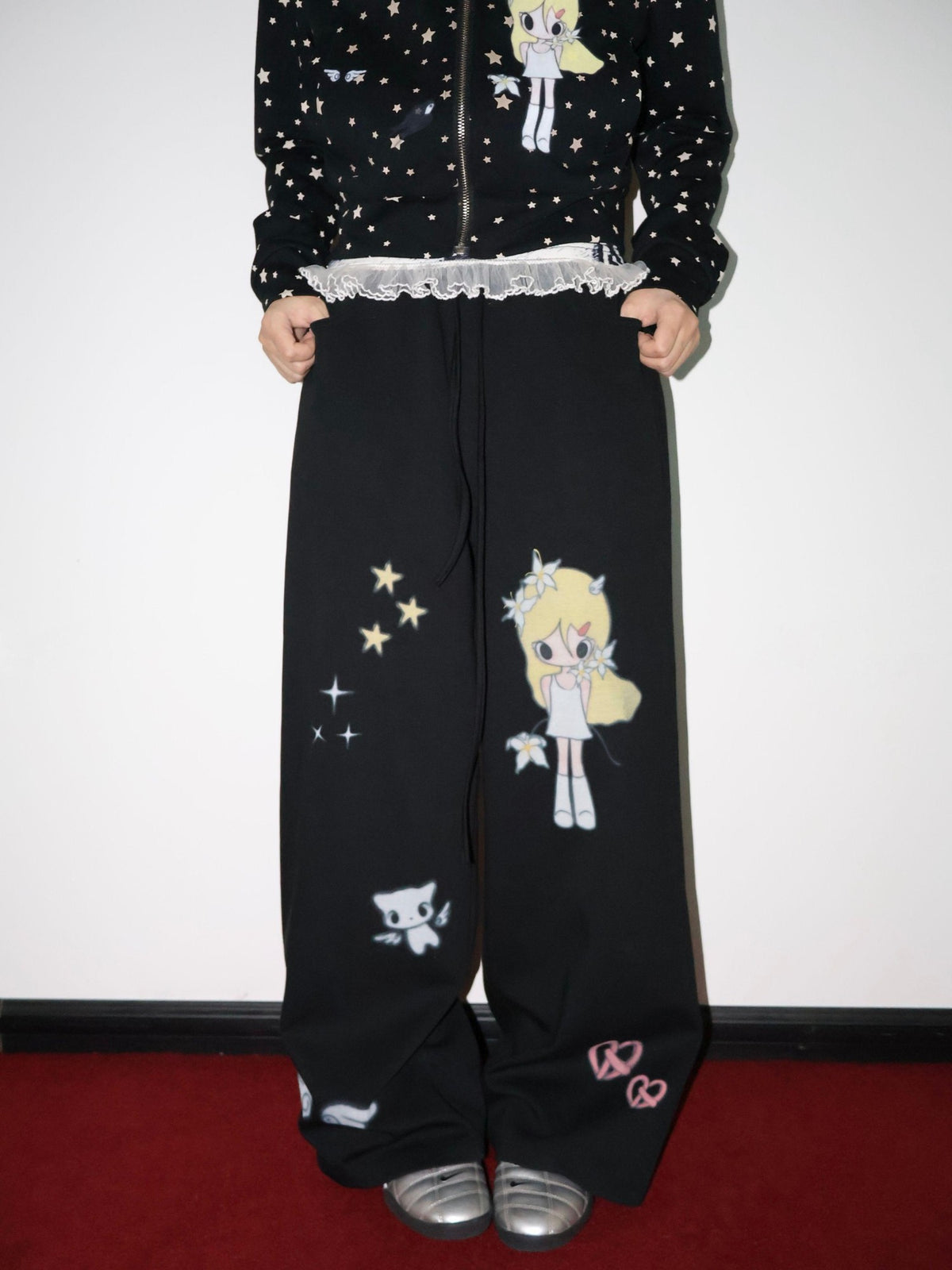 OurHappy Illustration Print High Waist Drawstring Pockets Women&