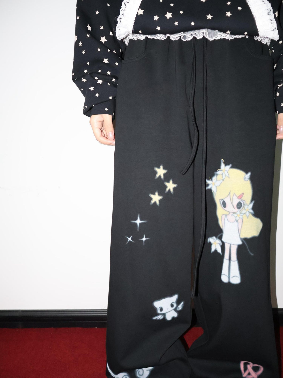 OurHappy Illustration Print High Waist Drawstring Pockets Women&