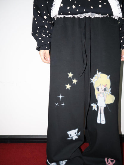 OurHappy Illustration Print High Waist Drawstring Pockets Women&