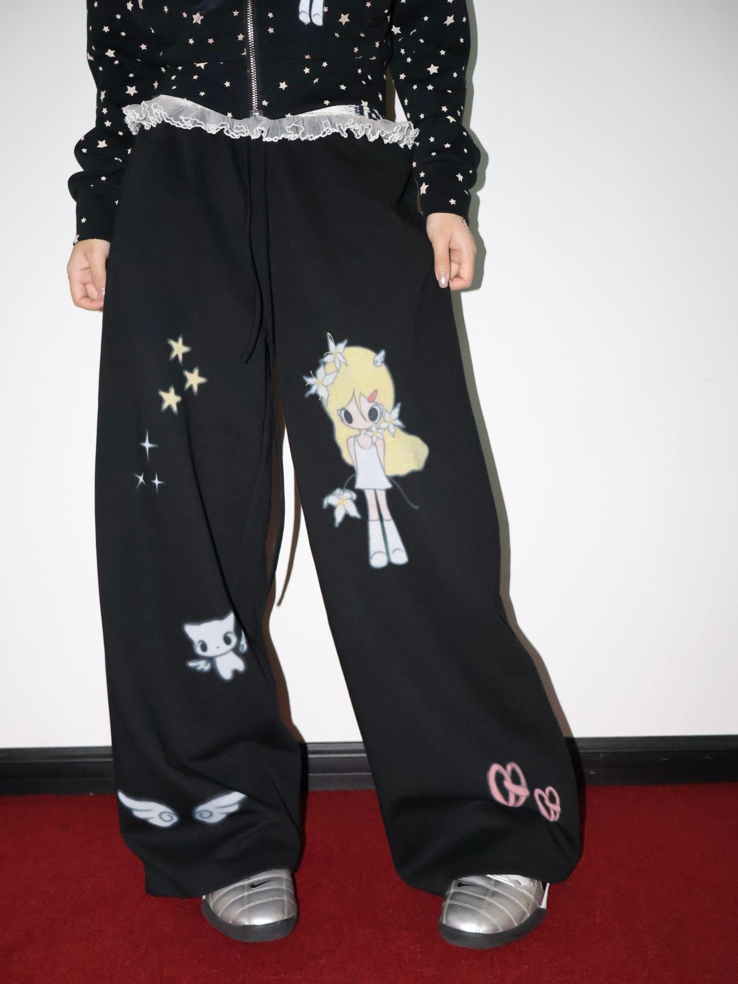 OurHappy Illustration Print High Waist Drawstring Pockets Women&