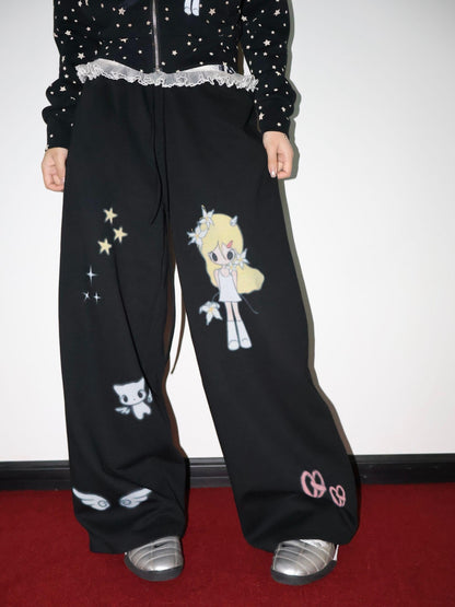 OurHappy Illustration Print High Waist Drawstring Pockets Women&