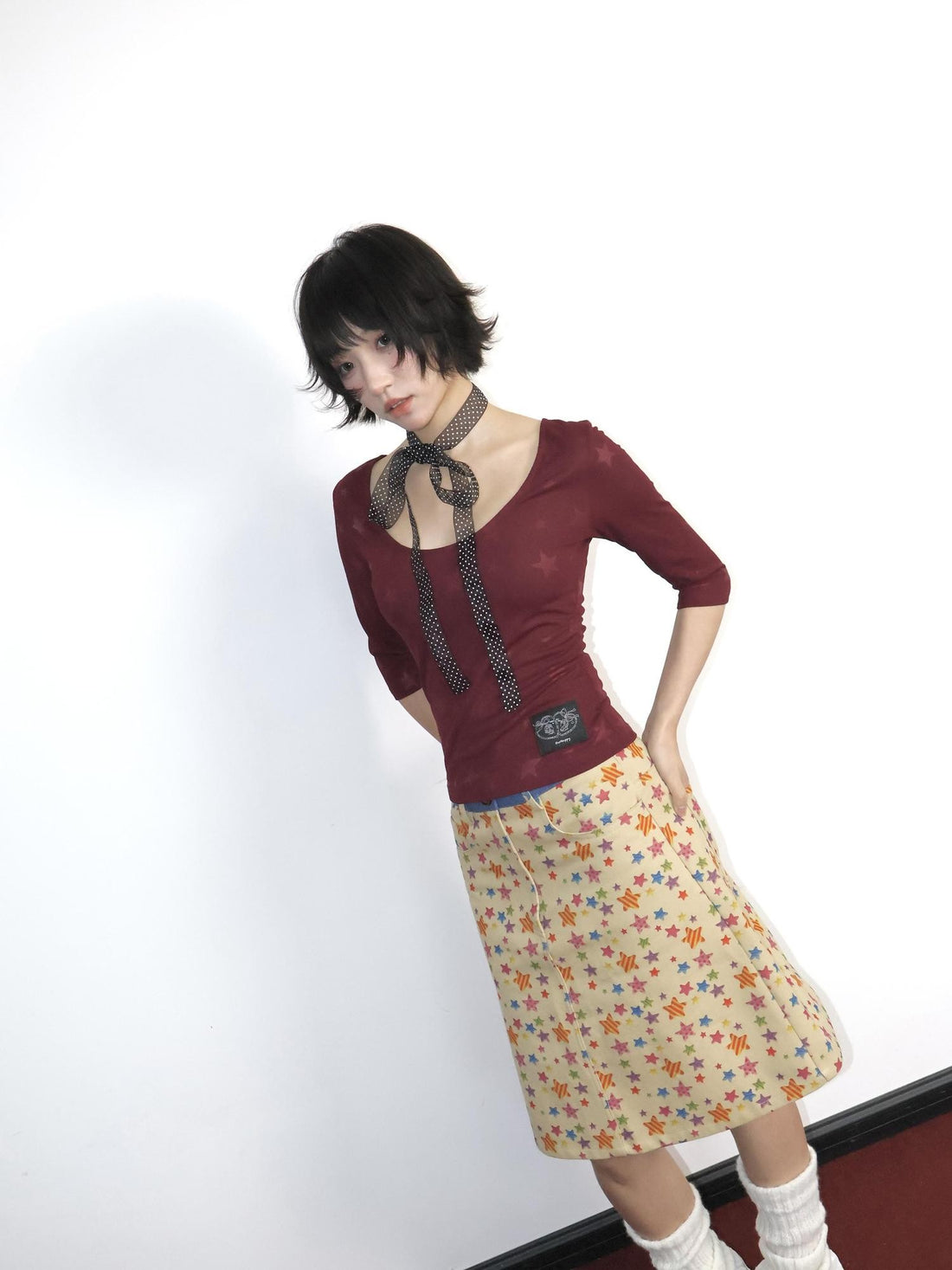 OurHappy Khaki Candy Star Print Colorblock A Line Women&
