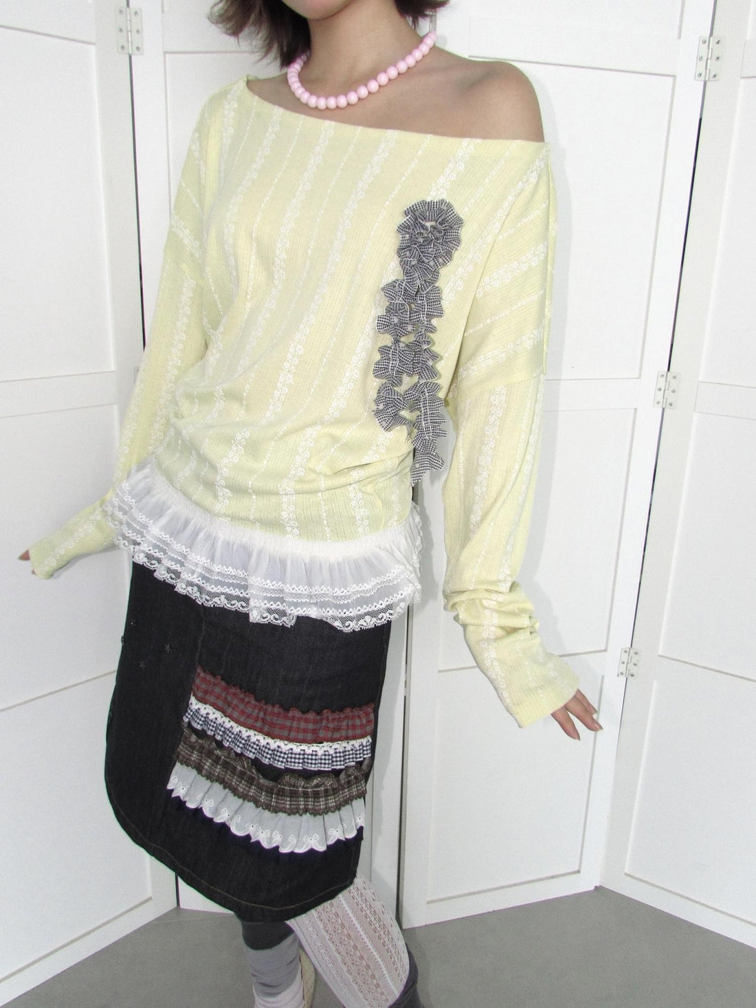 OurHappy Korean Style 3d Corsage Print Lace Trim Batwing Sleeve Loose Women&