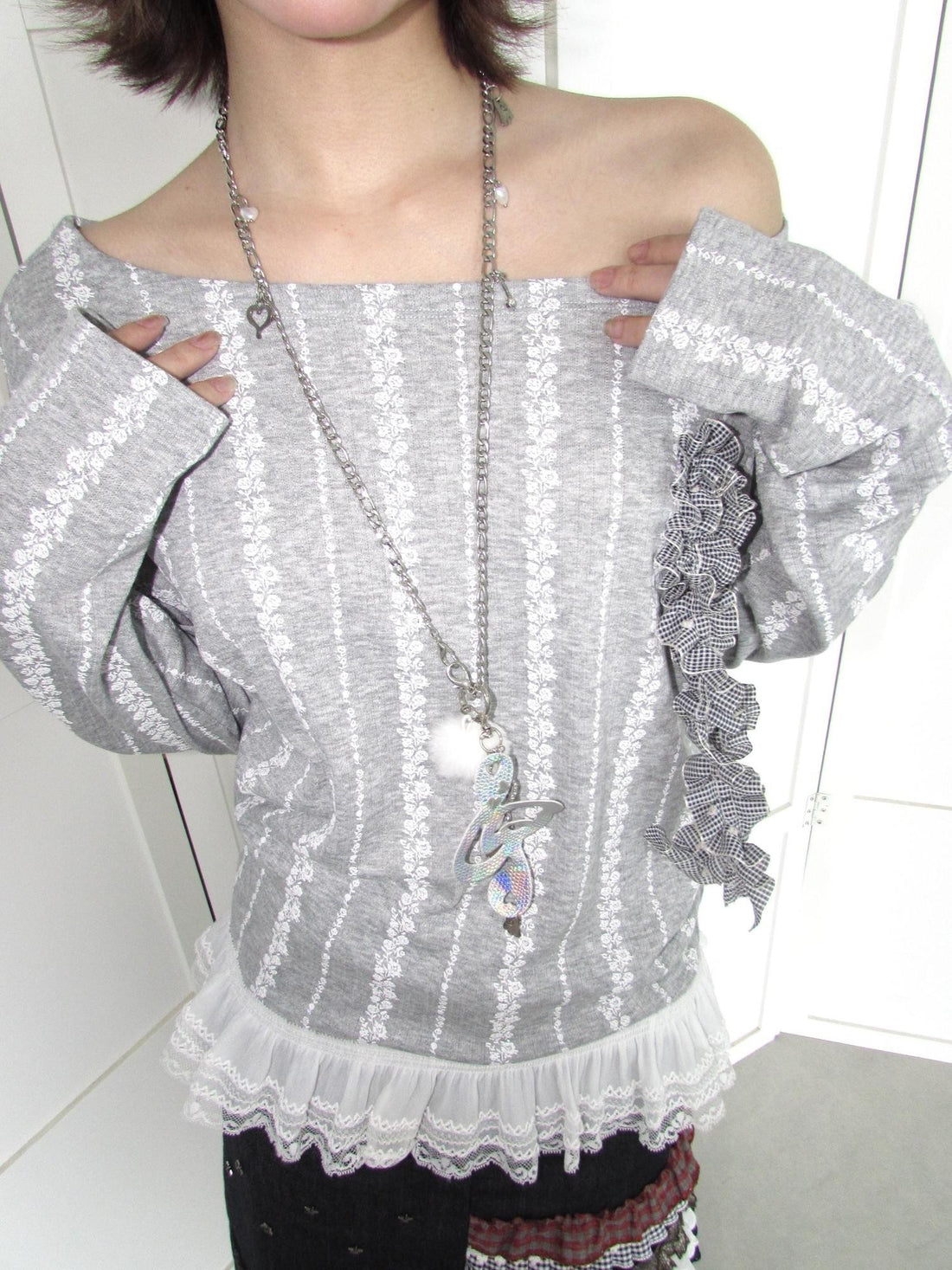 OurHappy Korean Style 3d Corsage Print Lace Trim Batwing Sleeve Loose Women&