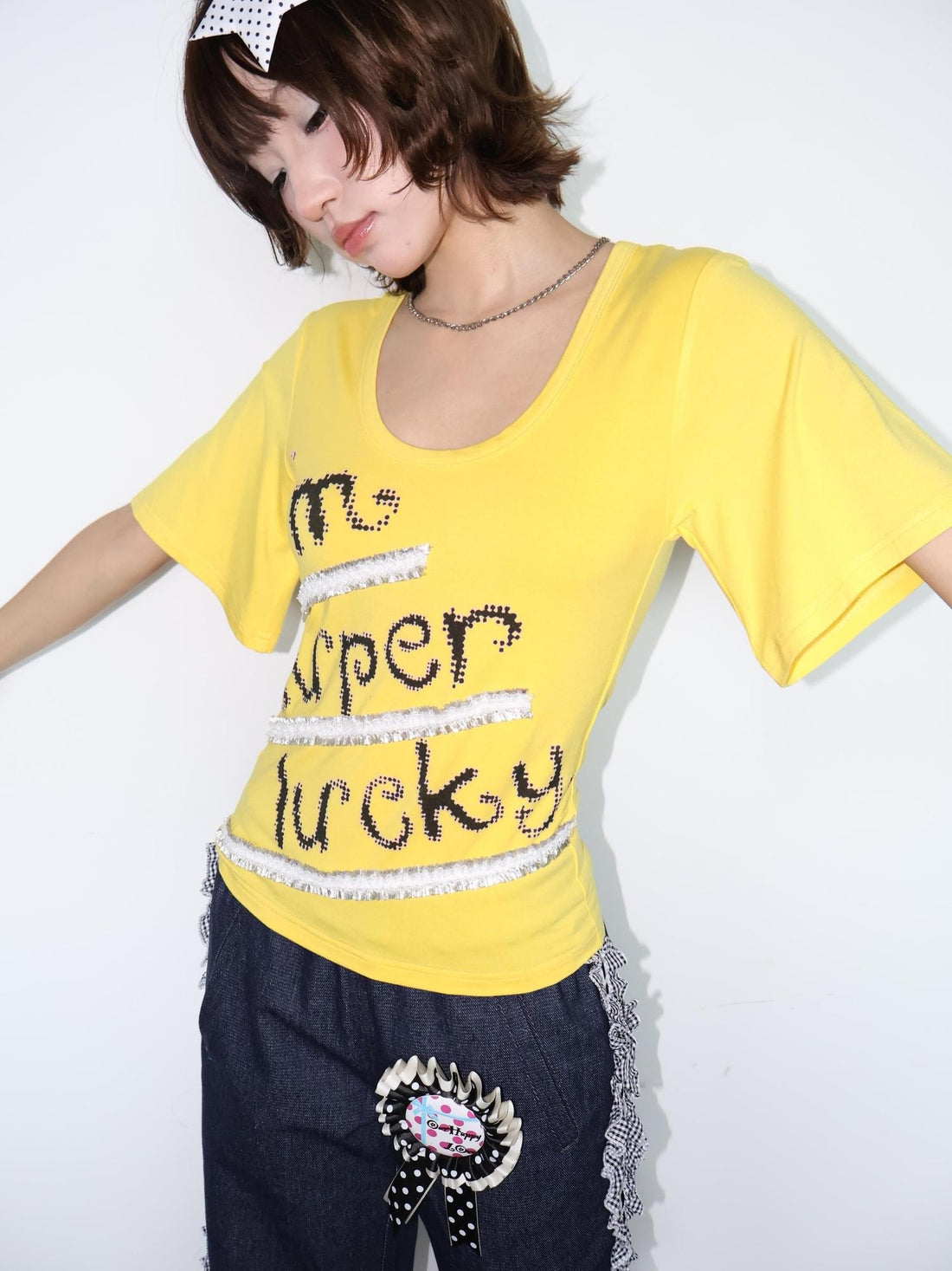 OurHappy Lace Letter Print U Neck Bell Sleeve Slimming Women&