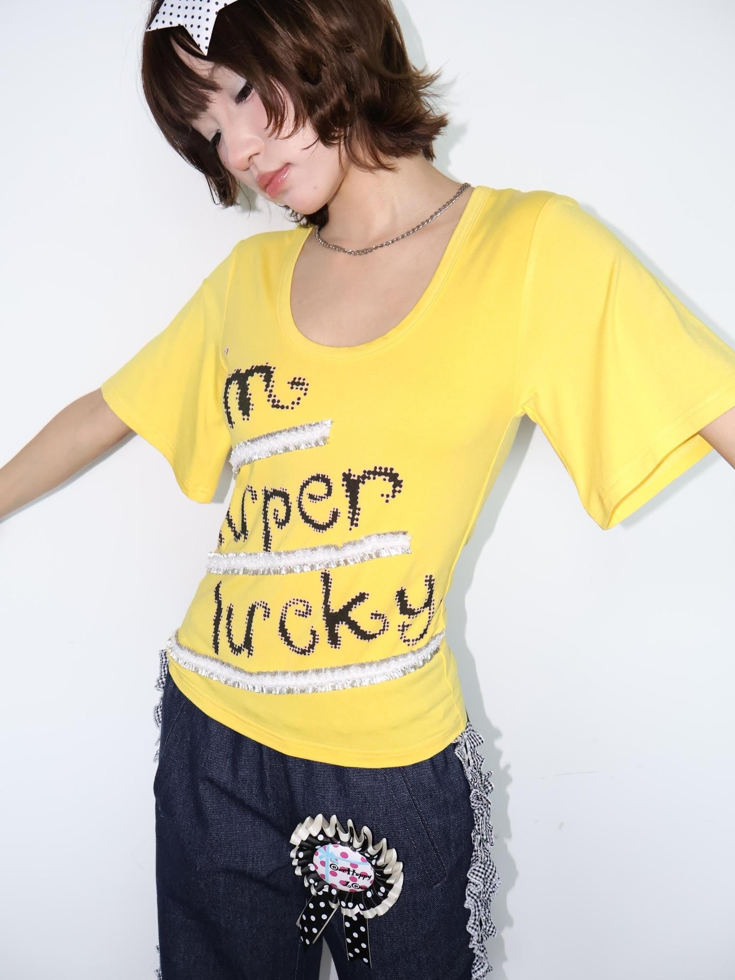 OurHappy Lace Letter Print U Neck Bell Sleeve Slimming Women&