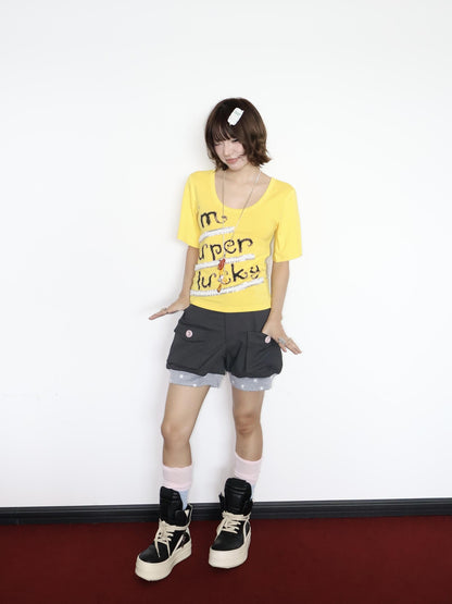 OurHappy Lace Letter Print U Neck Bell Sleeve Slimming Women&