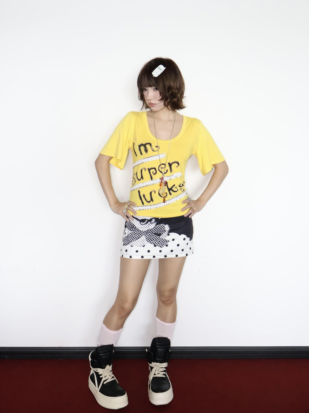 OurHappy Lace Letter Print U Neck Bell Sleeve Slimming Women&