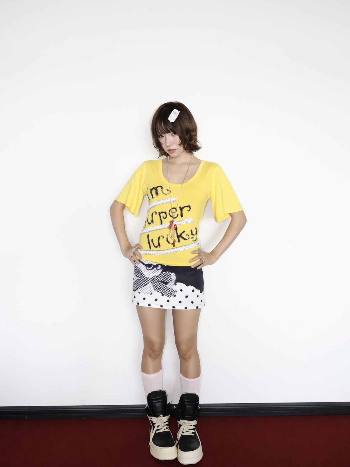 OurHappy Lace Letter Print U Neck Bell Sleeve Slimming Women&