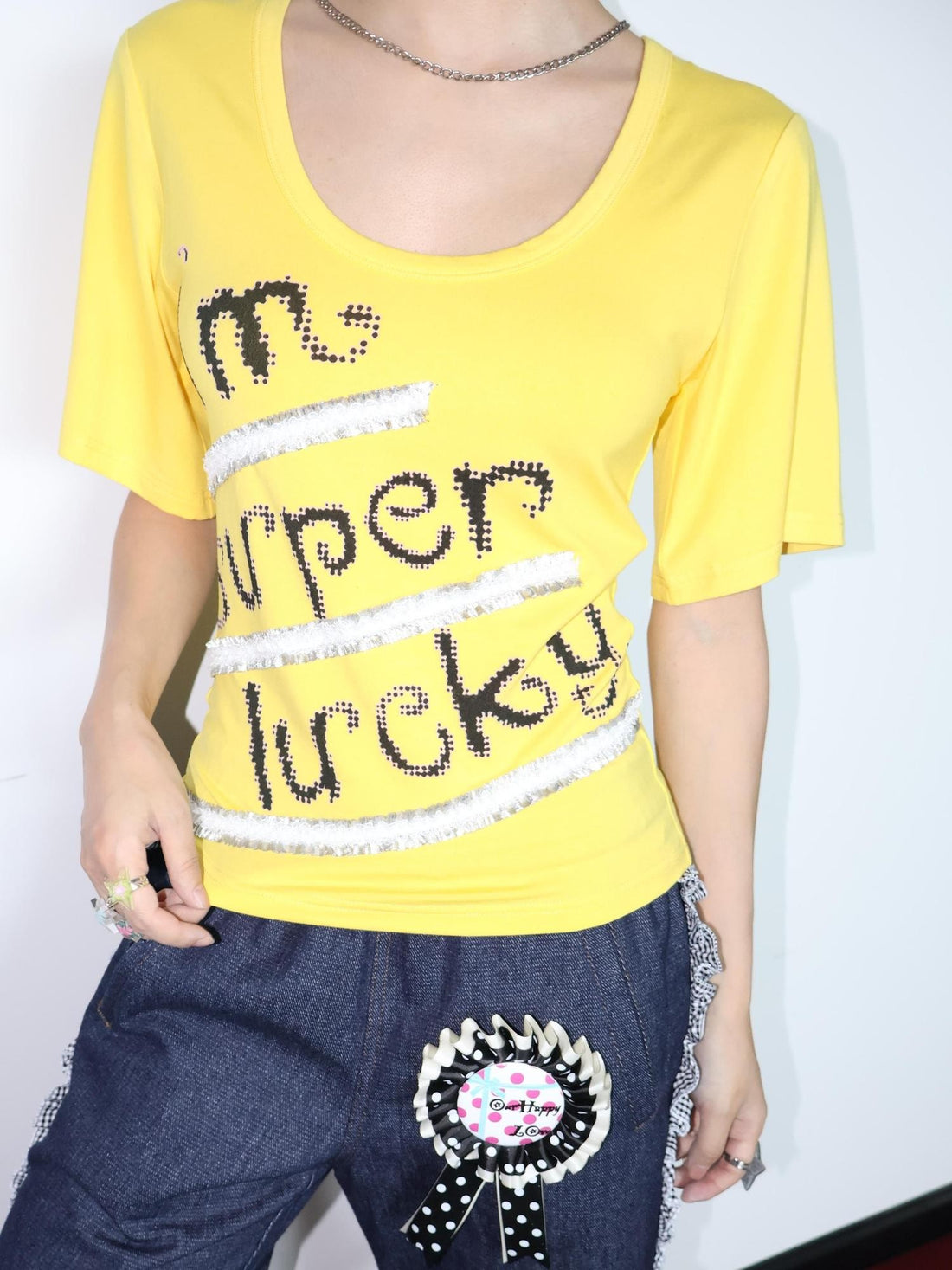 OurHappy Lace Letter Print U Neck Bell Sleeve Slimming Women&