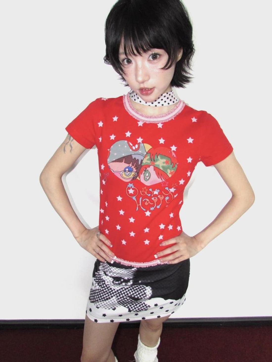 OurHappy Lace Trim Cartoon Cross Micro Print Women&