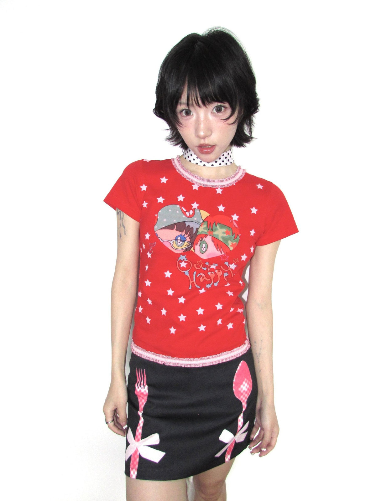OurHappy Lace Trim Cartoon Cross Micro Print Women&