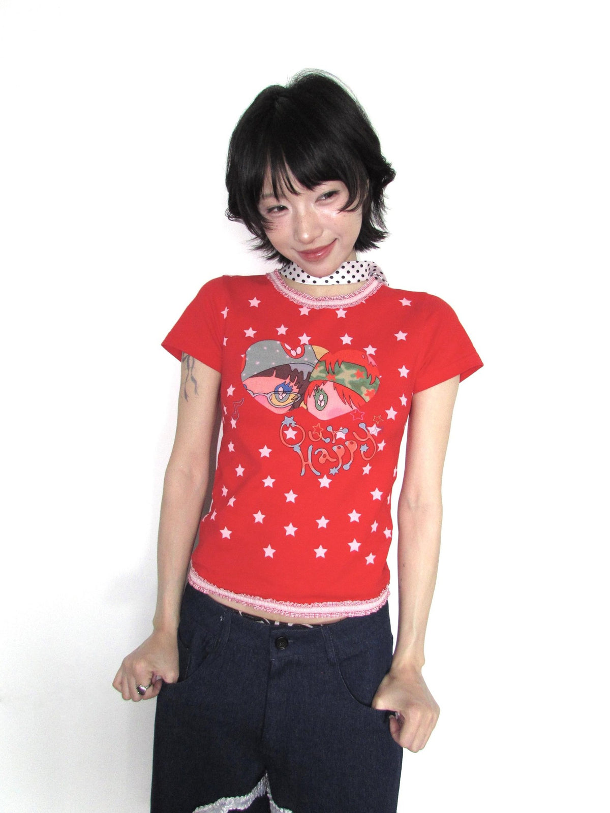 OurHappy Lace Trim Cartoon Cross Micro Print Women&
